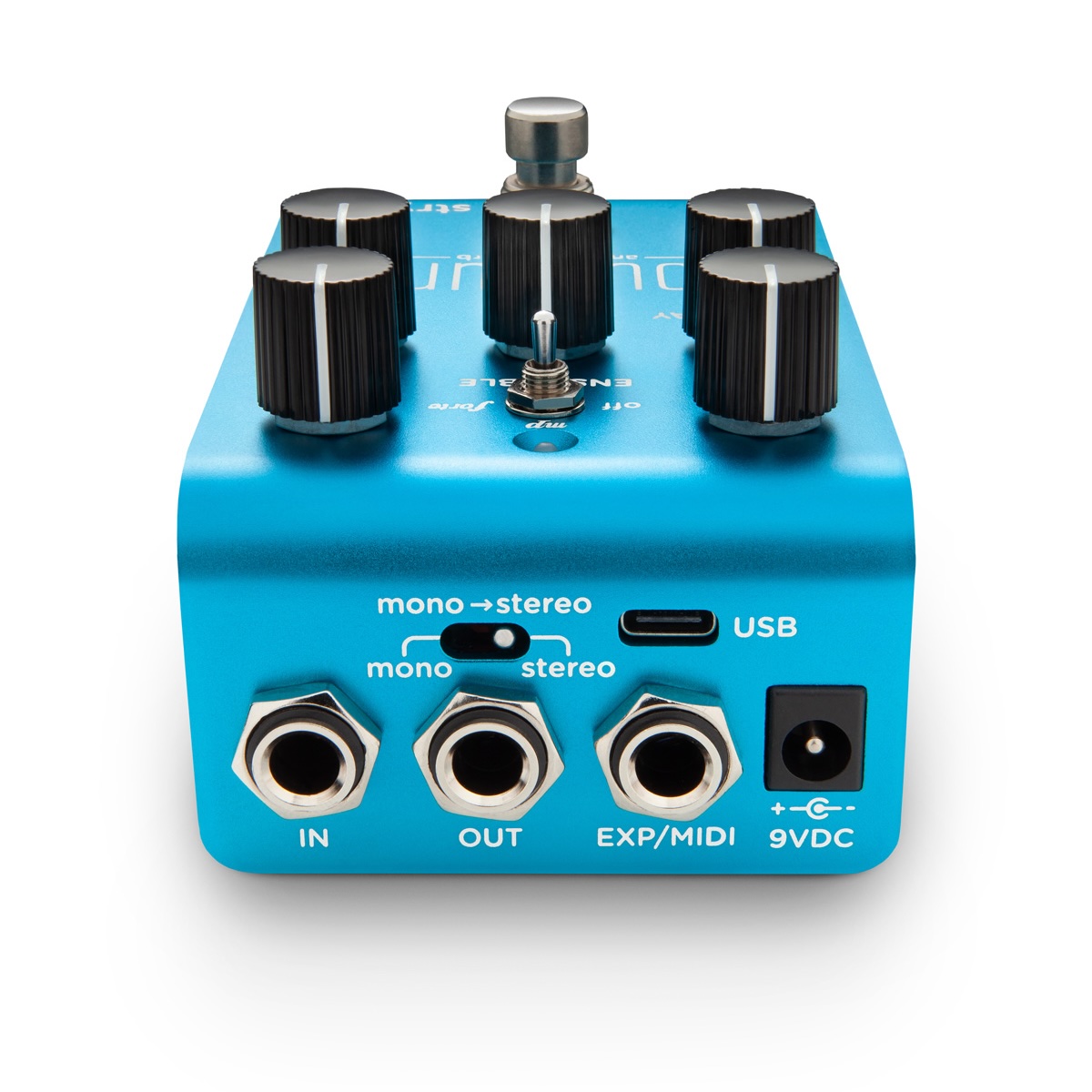 Rückseite des Pedals mit Mono- und Stereo-Eingängen sowie Ausgangsbuchsen, sowie Anschluss für EXP/MIDI und Netzadapter.