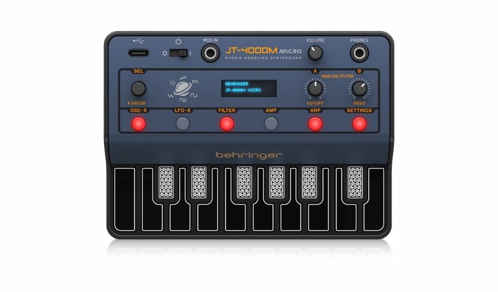 Behringer JT‑4000M Micro – kompakter Hybrid‑Synth mit vier Reglern, kapazitivem 16‑Tasten‑Keyboard und minimalistischem Bedienlayout im Stil des Roland JP‑8000.