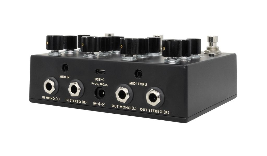 Rückseite des Qi Etherealizer Black mit Stereo‑Ein‑ und Ausgängen, MIDI In/Thru und USB‑C‑Port für Updates.