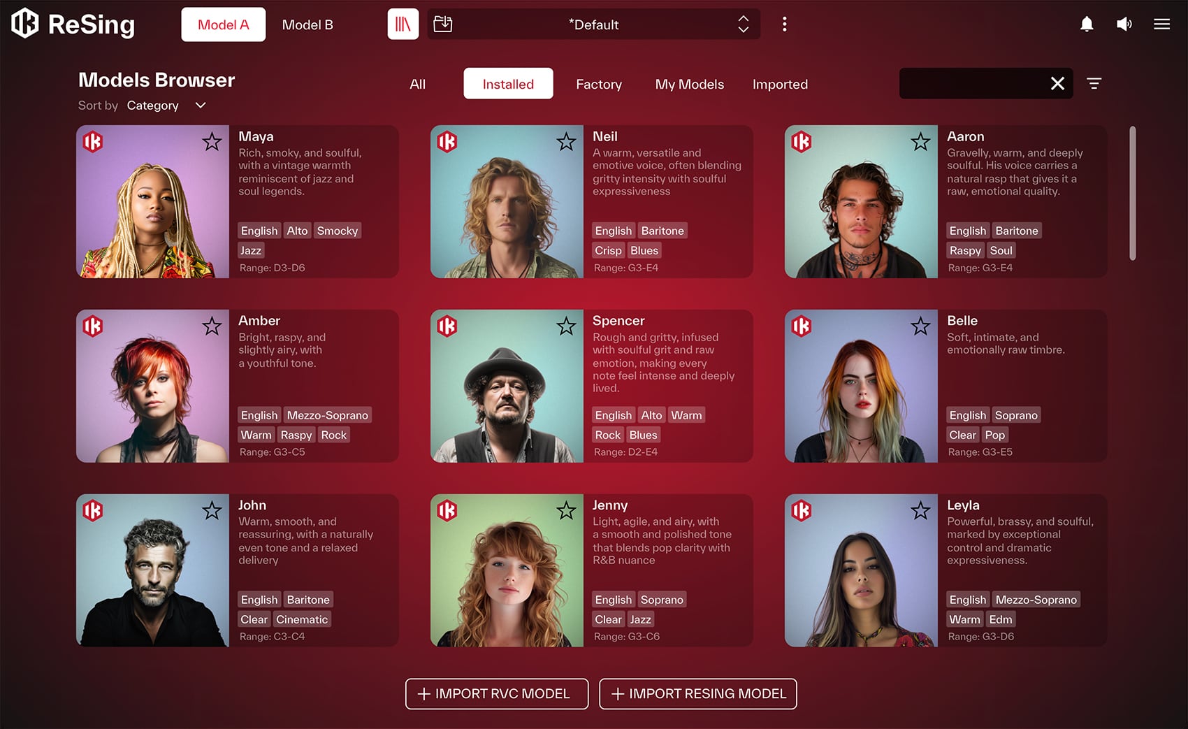 Der integrierte Model-Browser bietet Zugriff auf verschiedene Voice-Profile mit unterschiedlichen Stimmfächern, Genres und Klangcharakteren.