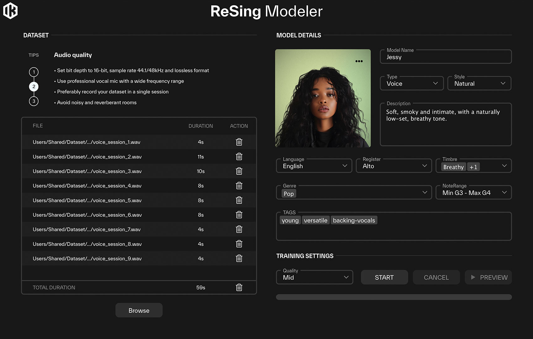 Mit dem ReSing Modeler können Produzent:innen eigene Stimmen als Modell trainieren – inklusive Register, Timbre, Genre und Tonumfang.