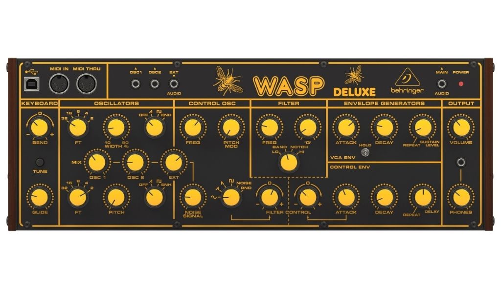Die Bedienoberfläche des Behringer Wasp Deluxe bietet direkten Zugriff auf alle Parameter – 29 Regler und Taster ersetzen die legendäre Folientastatur des Originals und sorgen für präzises, haptisches Arbeiten.