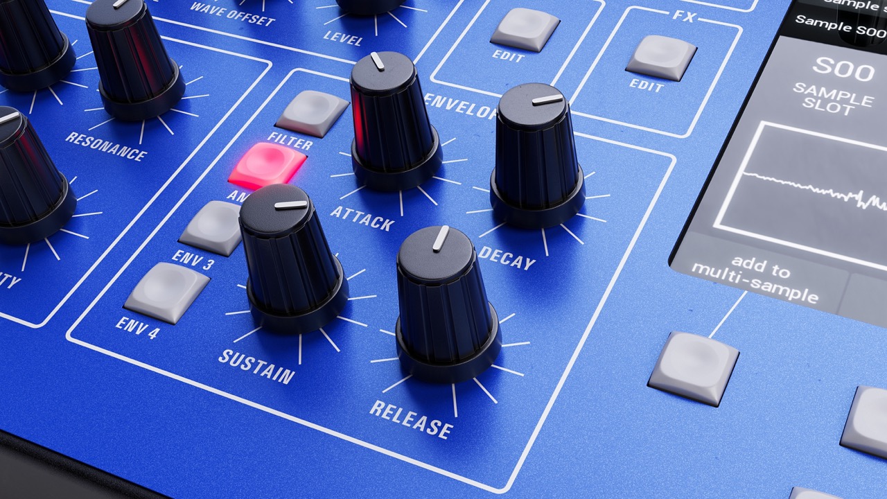 Vier ADSR-Hüllkurven mit dedizierten Reglern sowie das Dual-Filter bestehend aus analogem Lowpass und digitalem SEM-Style SVF.