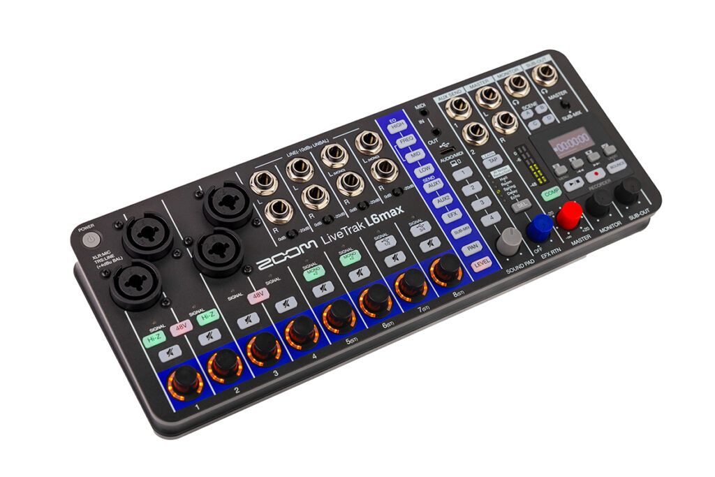 Schrägansicht des L6max: Die beleuchteten Channel-Potis und die farbcodierte Kanalstruktur sorgen für eine intuitive Bedienung auch im Live-Betrieb.