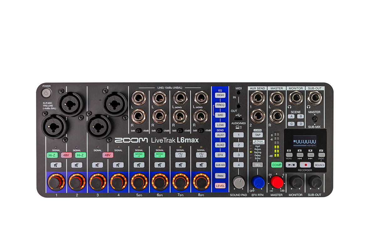 Die komplette Bedienoberfläche des L6max: vier Combo-Inputs, acht Line-Kanäle, EQ-Sektion, MIDI, Aux-Sends, zwei Kopfhörerausgänge, OLED-Display und Recorder-Steuerung.