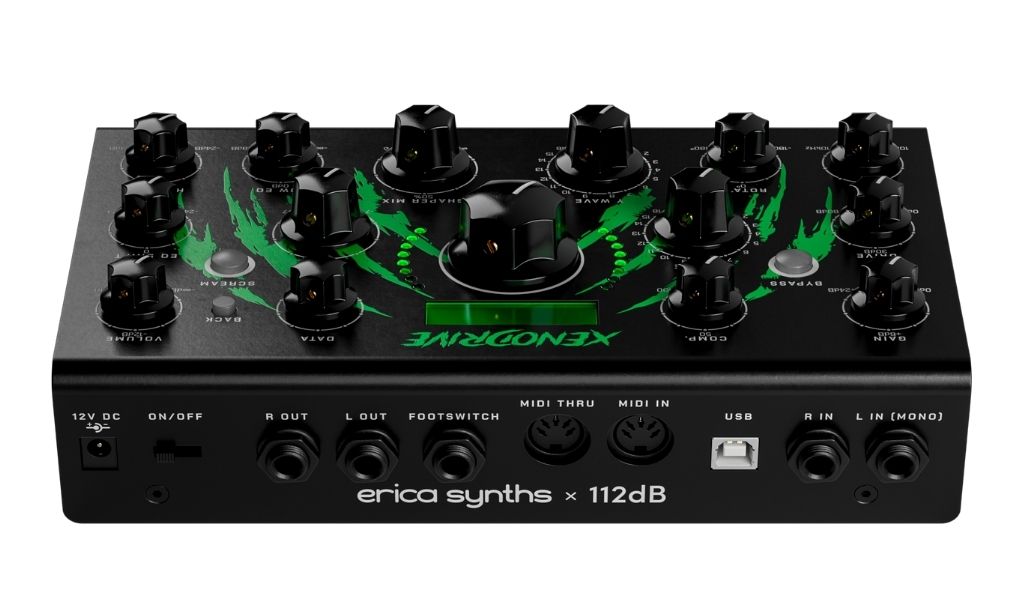 Auf der Rückseite bietet der Xenodrive Stereo-Ein- und Ausgänge, MIDI In/Thru, USB-Anschluss sowie einen Footswitch-Eingang und lässt sich damit nahtlos in Studio- und Live-Setups integrieren.
