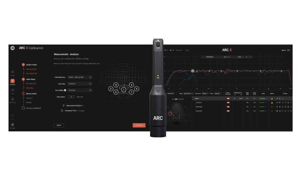 ARC-System in der Praxis: Messmikrofon und Software-Oberfläche während der Mehrpunktmessung zur Raum- und Monitor-Kalibrierung inklusive Subwoofer-Integration.