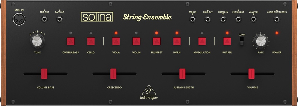 Bedienfeld des analogen Synthesizer Behringer Solina String Ensemble Test