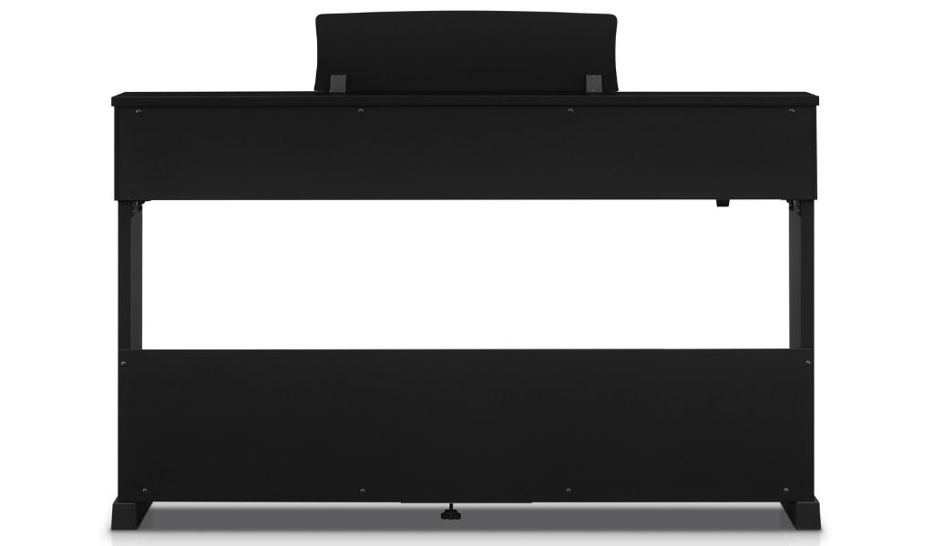 Rückansicht des Kawai CX102 B: geschlossenes, aufgeräumtes Design mit stabiler Konstruktion und unauffälliger Integration der Technik ins Möbel.