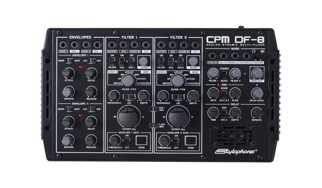 Strukturierte Panel-Logik mit klar getrennten Sektionen für Envelopes, Filter I & II sowie Mixer- und Delay-Bereich – alle Funktionen direkt zugänglich, ohne Menüführung.