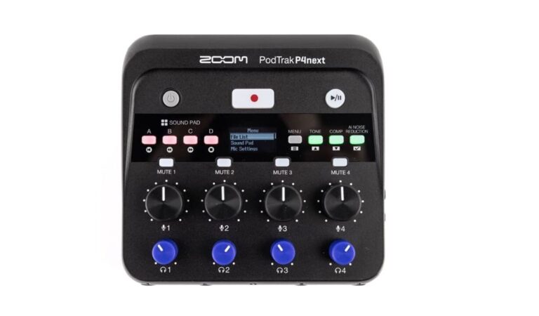Übersichtliche Oberfläche mit vier Gain-Reglern, separaten Kopfhörer-Potis, Sound-Pads A–D sowie Direktzugriff auf TONE, COMP und AI Noise Reduction.