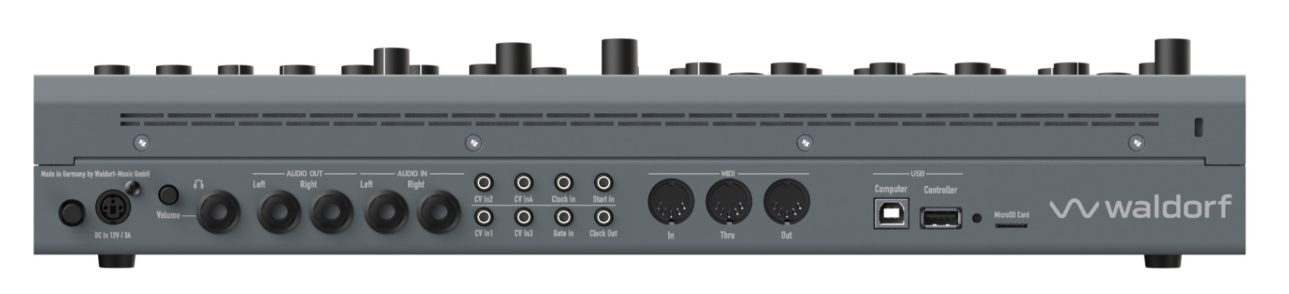 Rückseite des Waldorf Iridium Desktop MK2 Synthesizer mit Audioanschlüsse