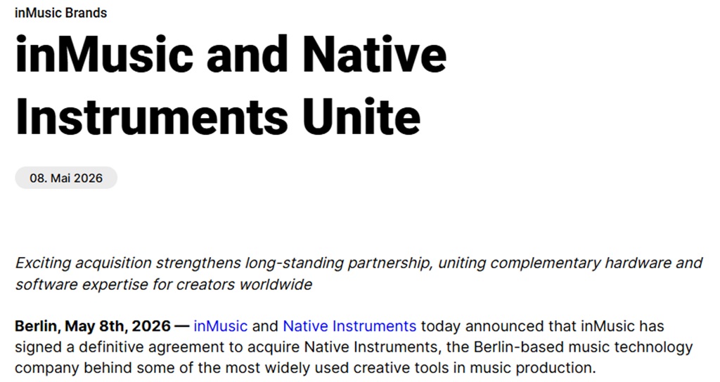 Screenshot der offiziellen Pressemeldung von InMusic zu Native Instruemnts