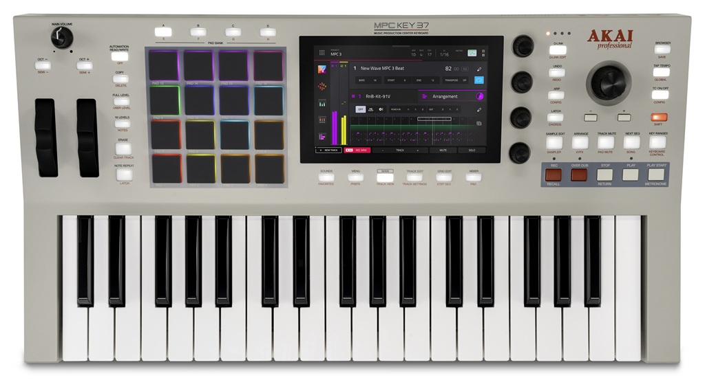 Akai MPC Key 37 G2 Standalone-Produktionskeyboard mit 37 Tasten, MPC-Pads, Farbdisplay und Bedienelementen für Sampling und Sequencing.