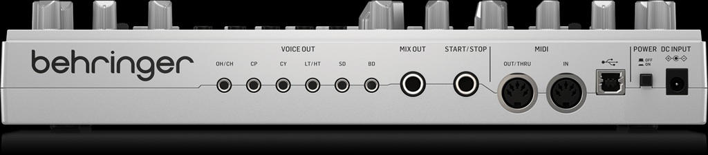 Rückseite der Behringer RD-6 mit Voice Outs, Mix Out, Start/Stop, MIDI, USB, Power-Schalter und DC-Anschluss.