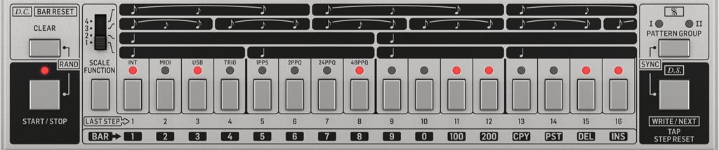 Sequencer der Behringer RD-6 mit 16 Step-Tasten, Start/Stop, Scale-Funktion, Pattern Group und Write/Next-Taste.