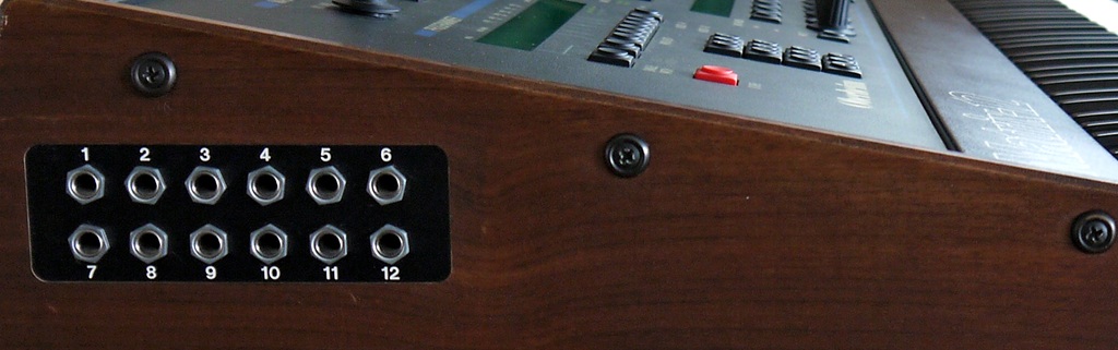 Nahaufnahme der seitlichen Holzverkleidung eines Oberheim Matrix-12 mit zwölf nummerierten Klinkenbuchsen für Einzelausgänge.