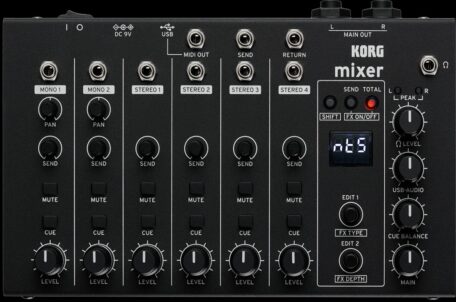 KORG NTS-4 Performance Mixer mit sechs Kanälen, Effektsektion, USB-Anschluss, MIDI Out, Send/Return und Main-Ausgängen für kompakte Synthesizer- und Live-Setups.
