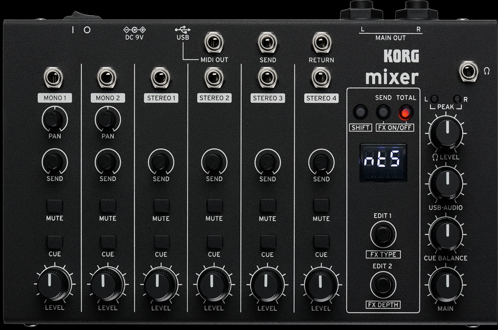 KORG NTS-4 Performance Mixer mit sechs Kanälen, Effektsektion, USB-Anschluss, MIDI Out, Send/Return und Main-Ausgängen für kompakte Synthesizer- und Live-Setups.