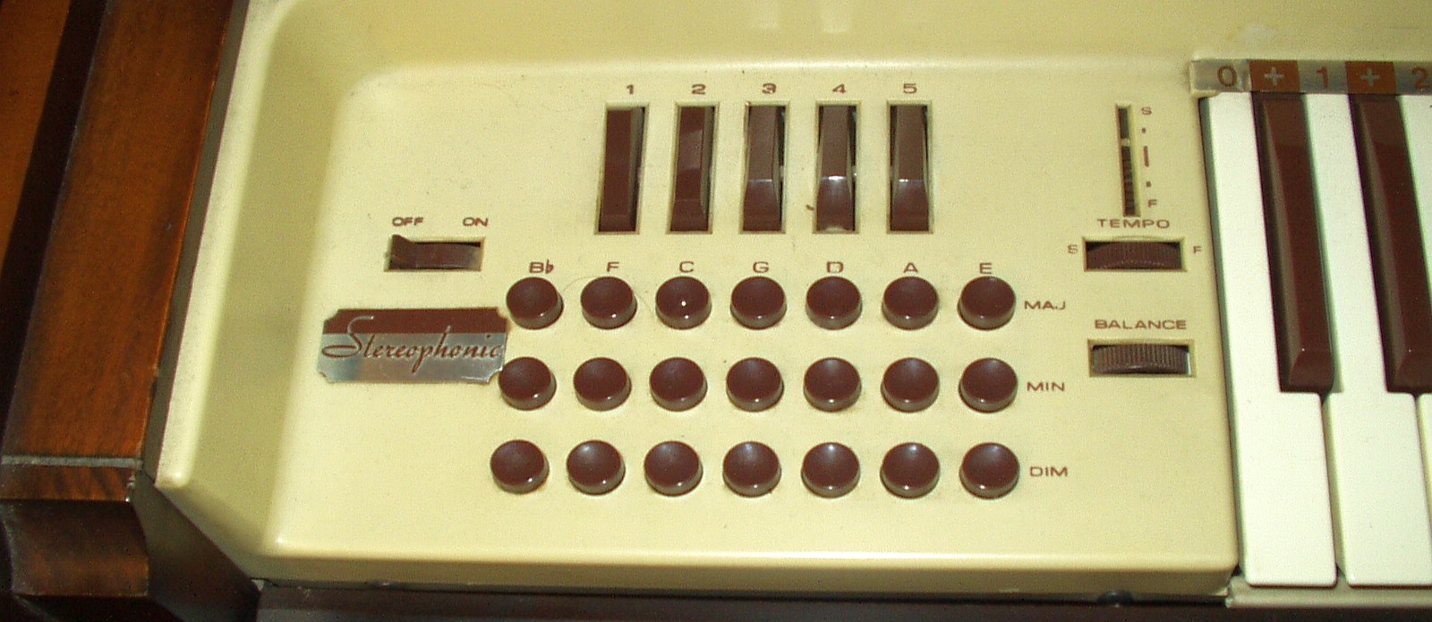Nahaufnahme der Optigan-Bedienkonsole mit Akkordtasten, Wippschaltern, Tempo-Regler und Tastatur.