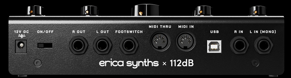 Erica Synths Razornator Rückseite mit 12V DC, On/Off, Stereo-In/Out, Footswitch, MIDI In/Thru und USB.