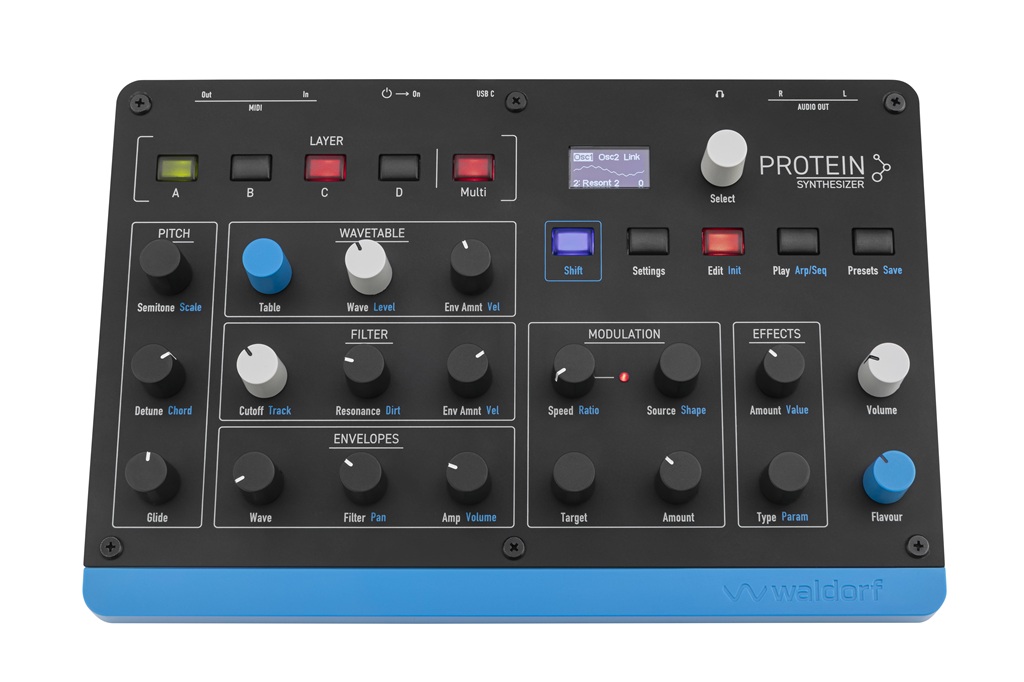 Waldorf Protein Angebot: kompakter schwarzer Wavetable-Synthesizer mit Reglern, Layer-Tasten und blauem Gehäuserand.