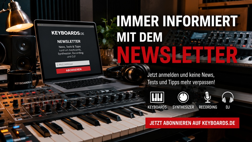 Newsletter-Grafik von keyboards.de mit Synthesizern, Keyboard, Laptop, Kopfhörern und Hinweis „Jetzt abonnieren“