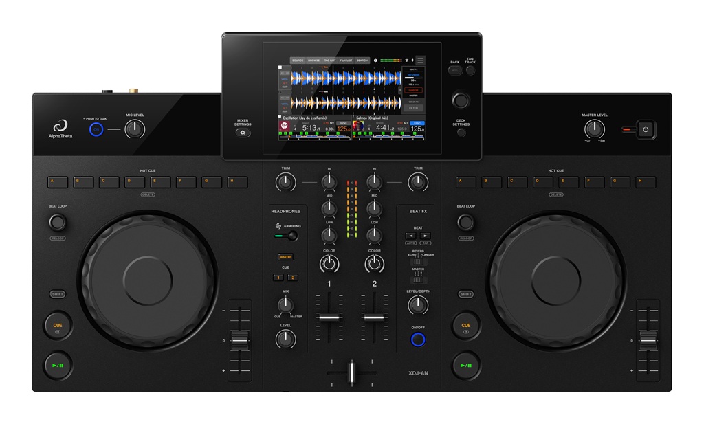 AlphaTheta XDJ-AN All-in-One-DJ-System mit zwei Jogwheels, Display, Mixer-Sektion und Performance-Pads für DJs.