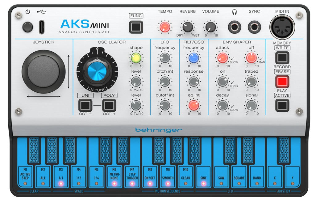 Behringer AKS MINI analoger Synthesizer mit Joystick, 3 VCOs, Filter, Reverb, MIDI In und 16-Step-Motion-Sequencer.