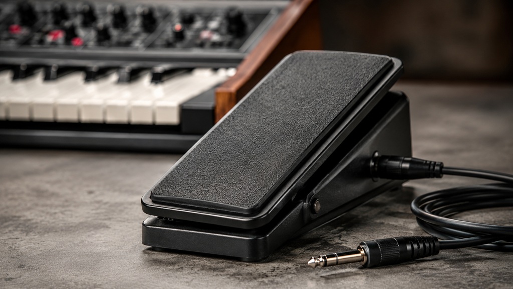 Schwarzes Expression-Pedal mit Kabel und Klinkenstecker vor einem unscharfen Synthesizer im Studio.