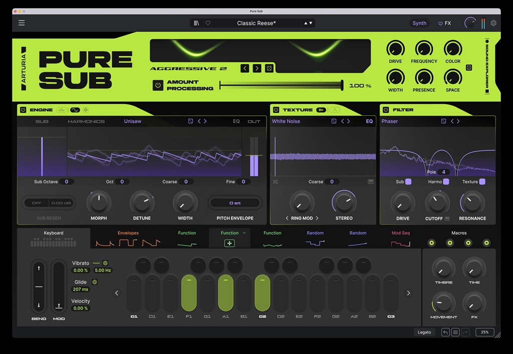 Arturia Pure SUB Software-Synthesizer mit Subbass-, Harmonics-, Texture-, Filter- und Modulationssektion