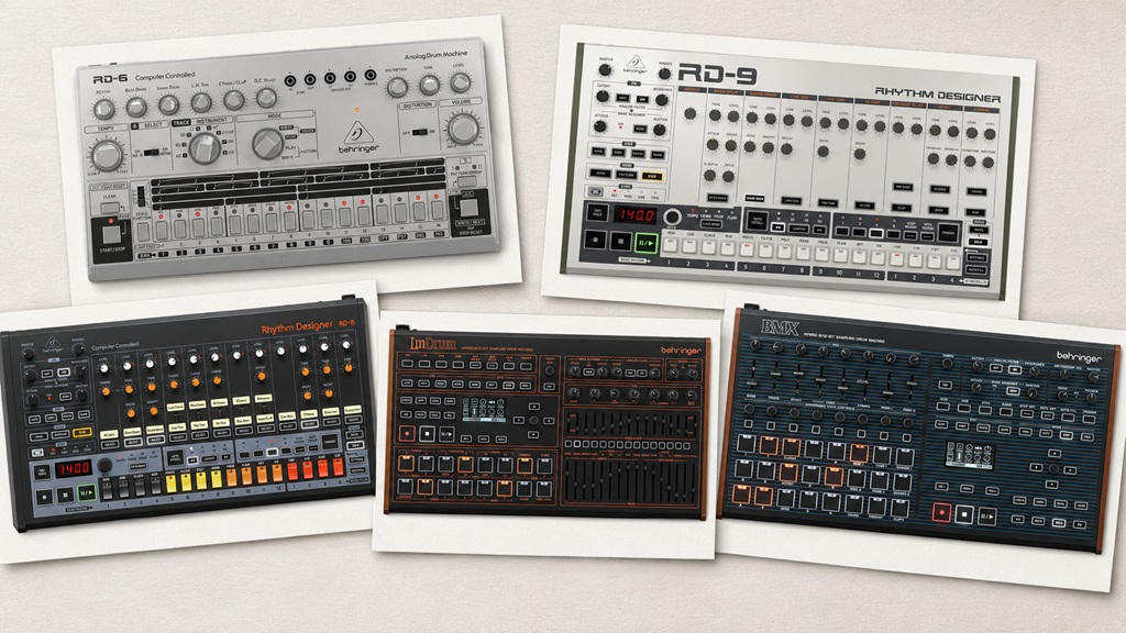 Collage aktueller Behringer Drumcomputer mit RD-6, RD-8, RD-9, LM DRUM und BMX.