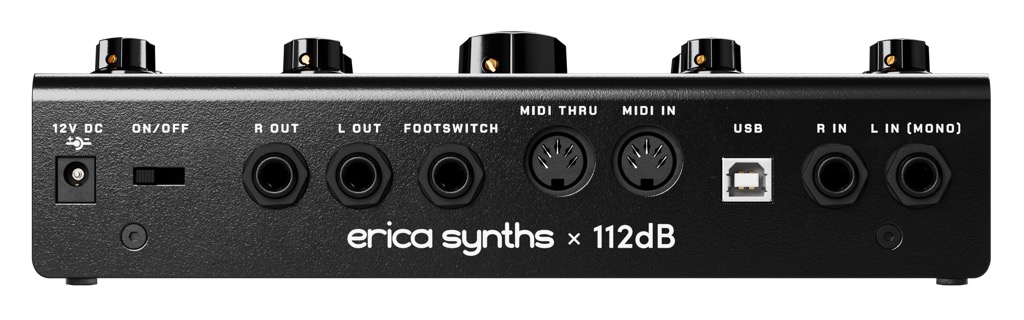 Stereo-Ein- und Ausgänge, MIDI In/Thru, USB-B und ein Fußschalteranschluss ermöglichen die Integration in Hardware- und DAW-Setups.