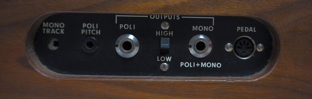 Rückseitige Anschlüsse des Farfisa Syntorchestra mit Poly-, Mono- und Pedalausgang.