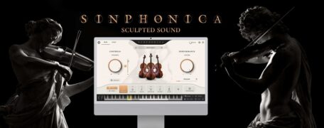 IK Multimedia Sinphonica Maestosa Strings mit Software-Oberfläche und zwei Violinisten