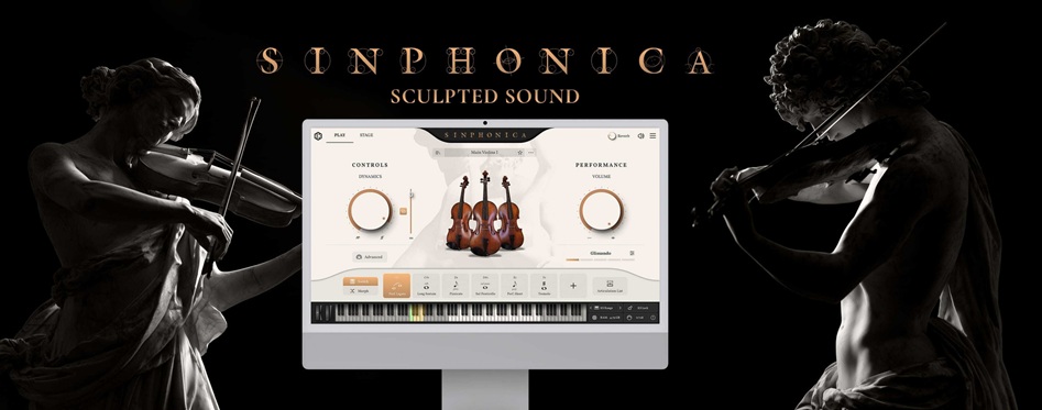 IK Multimedia Sinphonica Maestosa Strings mit Software-Oberfläche und zwei Violinisten