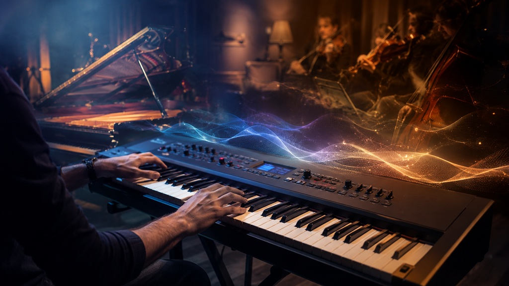 Musiker spielt ein Stagepiano mit Piano-, Streicher- und Synthesizer-Layern in einem beleuchteten Musikstudio.