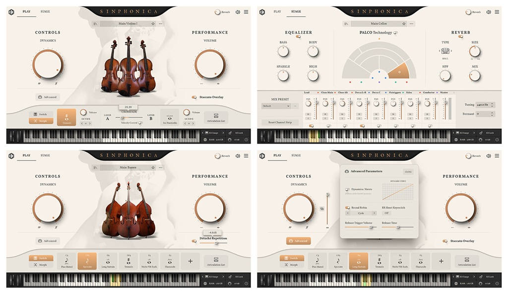 Benutzeroberfläche von IK Multimedia Sinphonica Maestosa Strings mit Mixer, PALCO und Performance-Steuerung