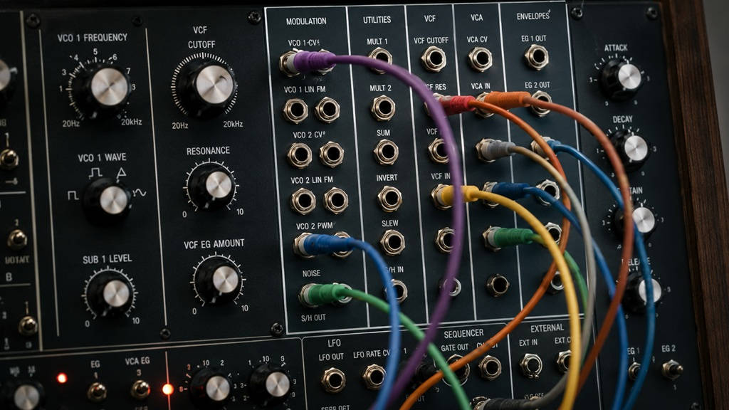 Semimodularer Synthesizer mit Patchfeld, Reglern und farbigen Patchkabeln.