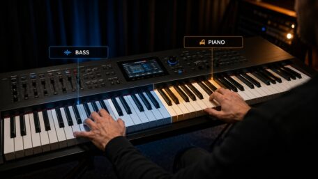 Split-Funktion am Keyboard mit Bass-Sound links und Piano-Sound rechts auf einem modernen Stagepiano