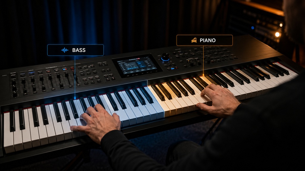 Split-Funktion am Keyboard mit Bass-Sound links und Piano-Sound rechts auf einem modernen Stagepiano