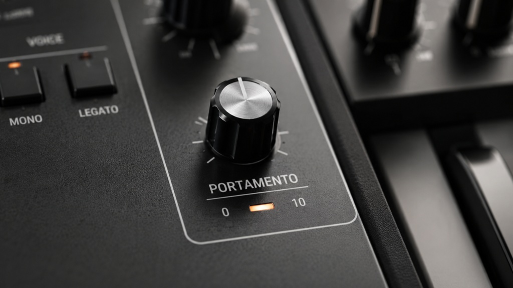 Portamento beim Synthesizer – Nahaufnahme des Portamento-Reglers für gleitende Tonhöhenübergänge und Glide-Effekte.