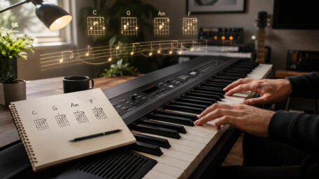 Keyboarder spielt die Chord-Progression C–G–Am–F an einem Digitalpiano im modernen Home-Studio.