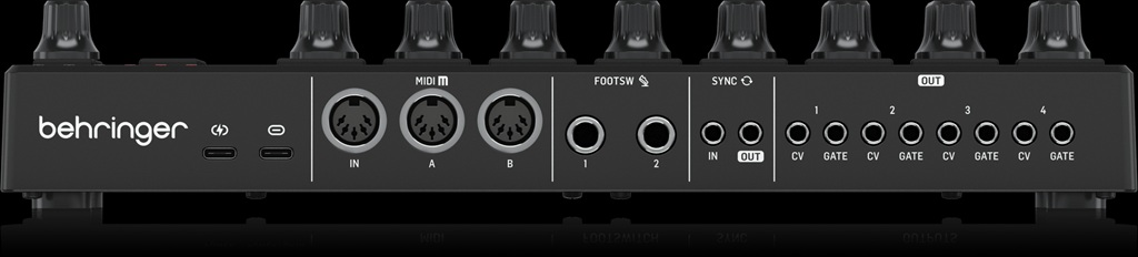 Behringer BCR32 Rückseite mit USB-C, MIDI In/Out, Sync sowie vier CV/Gate-Ausgängen für Synthesizer und Modularsysteme.