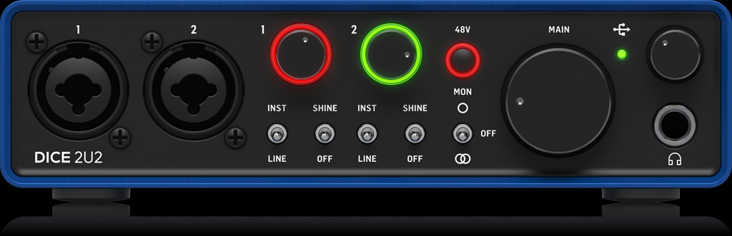 Behringer DICE 2U2 USB-Audio-Interface von vorn mit zwei Kombibuchsen, SHINE-Schaltern und separatem Kopfhörerregler.