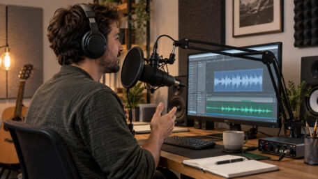 Eigenen Podcast produzieren mit Mikrofon, Audio-Interface, Kopfhörer und Recording-Software im Home-Studio