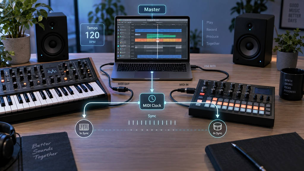 MIDI Clock synchronisiert DAW, Synthesizer und Drumcomputer mit 120 BPM über MIDI und USB.