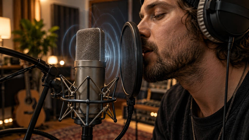 Nahbesprechungseffekt bei Mikrofonen: Sänger spricht nah in ein Studiomikrofon mit Popfilter.