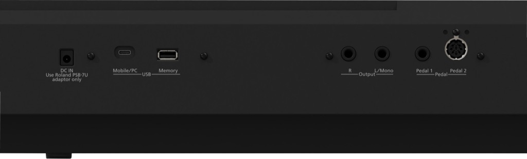 Die Anschlüsse auf der Rückseite umfassen USB-C für Audio und MIDI, USB-A für Speichermedien, Stereo-Ausgänge sowie zwei Pedaleingänge.