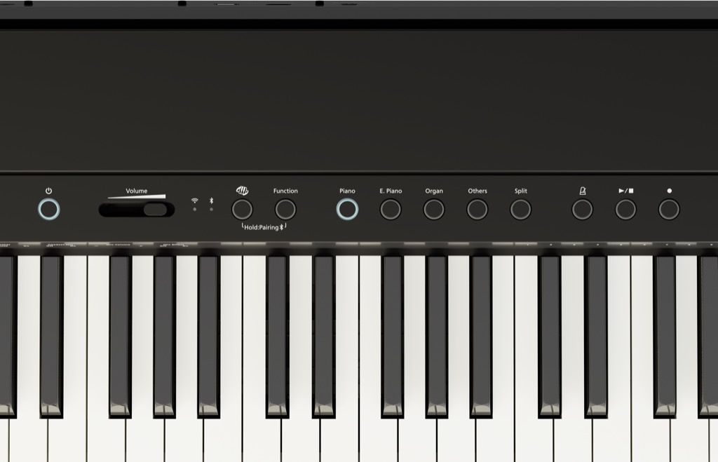 Das aufgeräumte Bedienfeld bietet direkten Zugriff auf Piano-, E-Piano-, Orgel- und weitere Sounds, Split-Funktion sowie Aufnahme- und Metronomfunktionen.